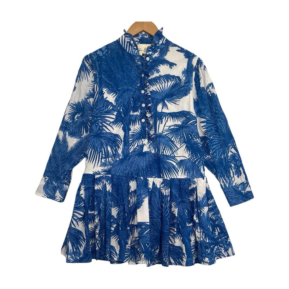 Blue Palm-Print Mini Dress with Ruffled Front and Button Detail